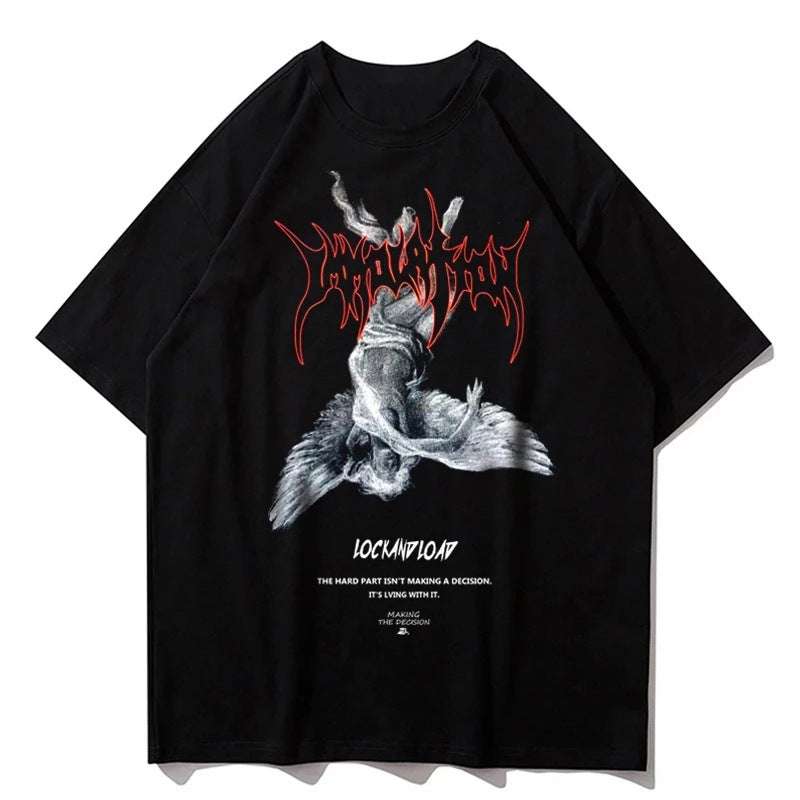 Black Fallen Angels Oversized T-Shirt with loose fit, half sleeves, cartoon pattern, and polyester fabric blend.